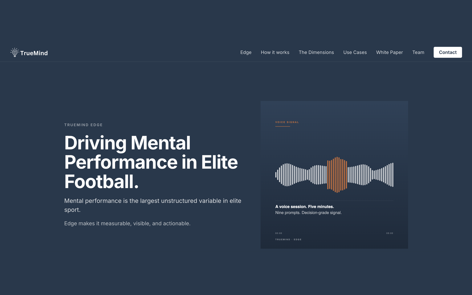 TrueMind Edge: the product site, showing the voice session screen